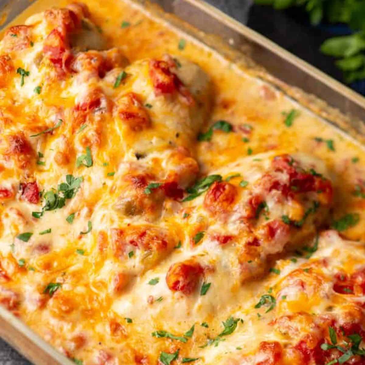 A close-up of a baked Queso Chicken casserole topped with melted cheese, rich tomato sauce, and chopped parsley in a glass baking dish.