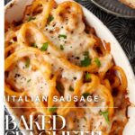 A caserole dish of baked spaghetti casserole.