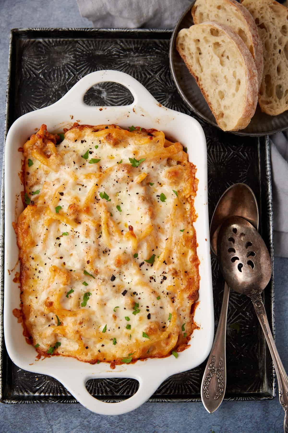 Baked spaghetti with vodka sauce in a casserole dish.