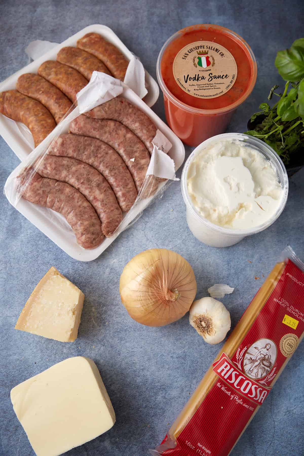 The ingredients for baked spaghetti with vodka sauce.