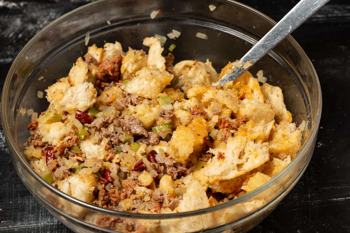 Stuffing mixture in a bowl.