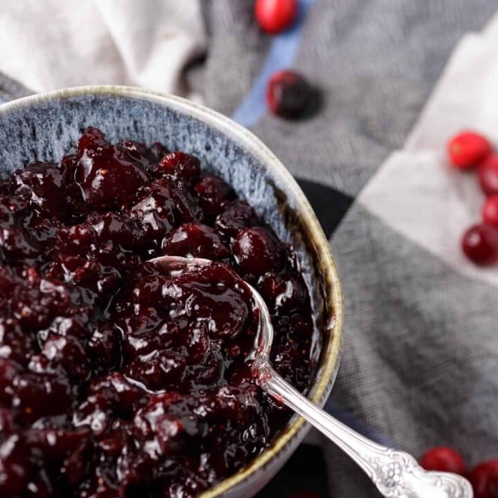 Cranberry sauce in a bowl with fresh cranberries