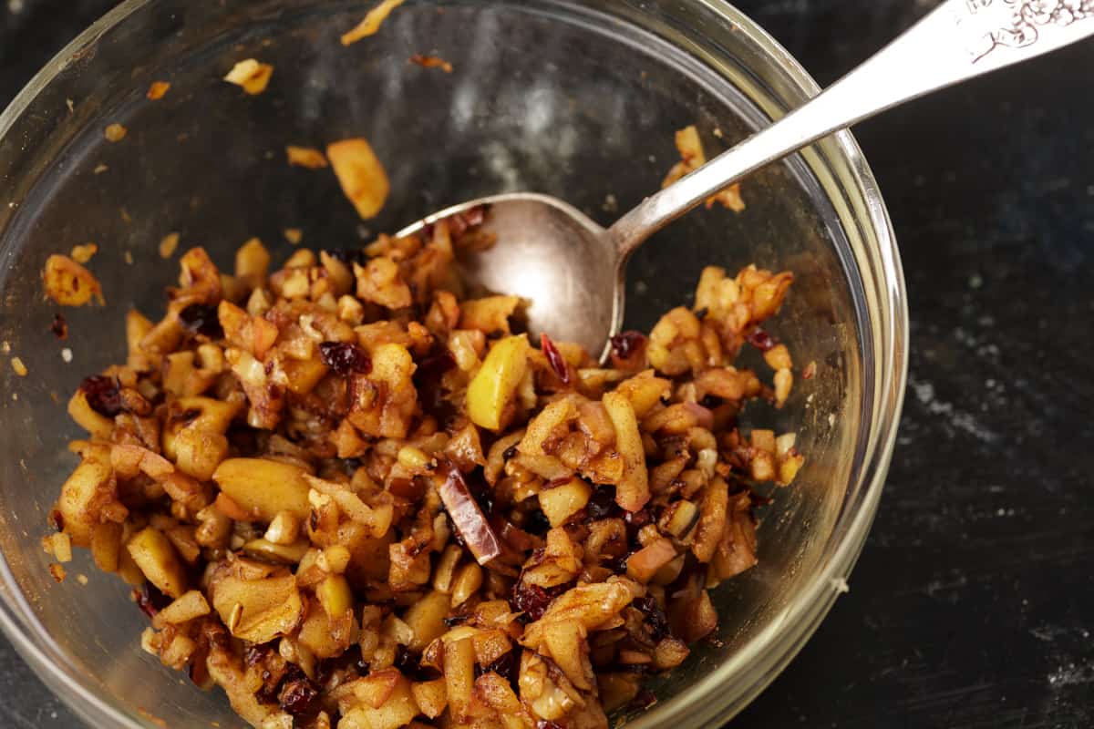Apple and nut stuffing in a bowl