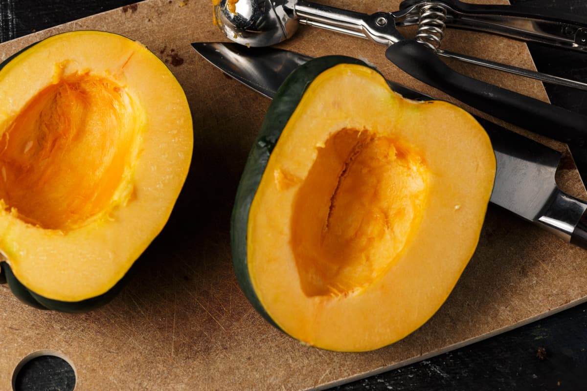 An acorn squash cut in half