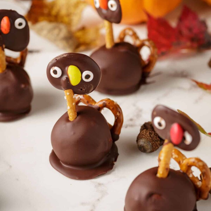 Thanksgiving turkey Oreo truffles with Fall decorations.