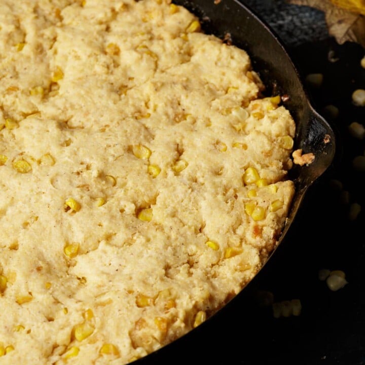 A batch of brown butter cornbread in an iron skillet