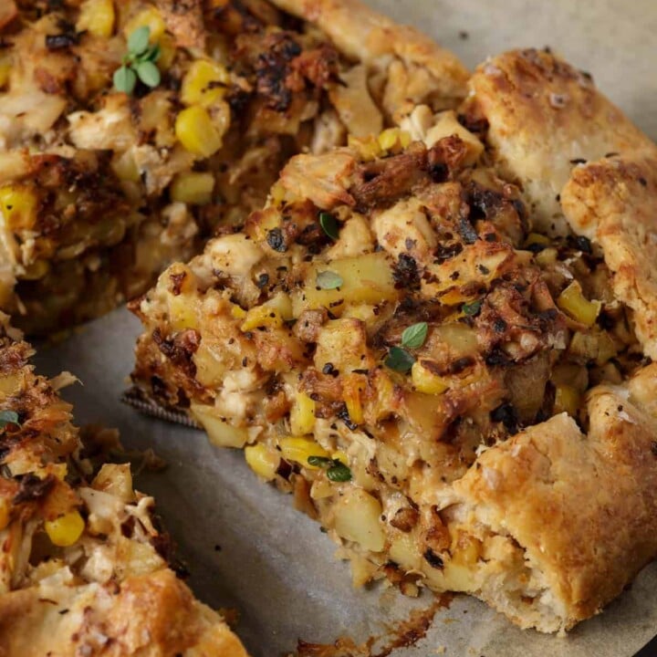 A large slice of chicken pot pie made from scratch