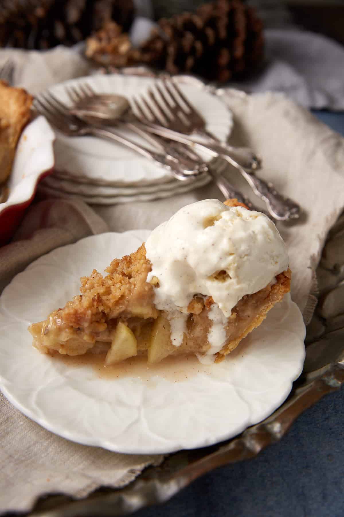 A slice of Apple Crumb Pie topped with a scoop of vanilla ice cream sits on a white plate, with forks, plates, and pinecones in the blurred background.