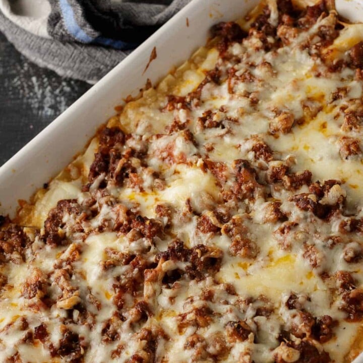 A pan of baked lasagna