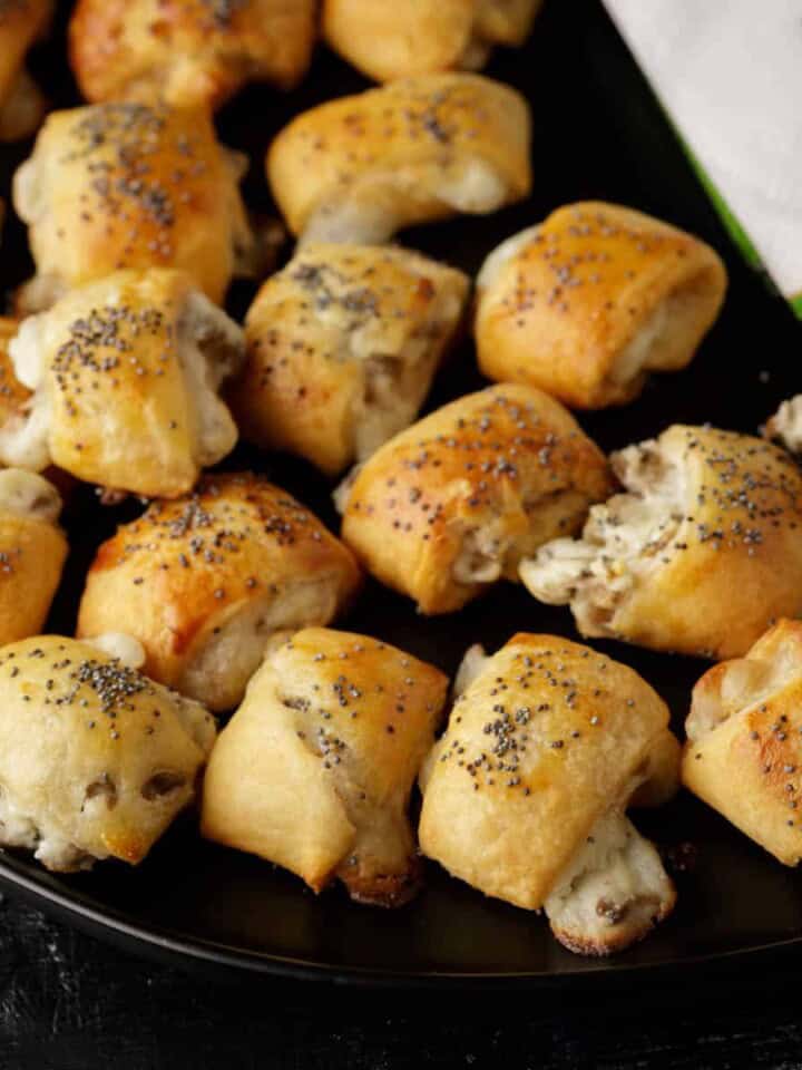 A serving platter with mushroom crescent rolls