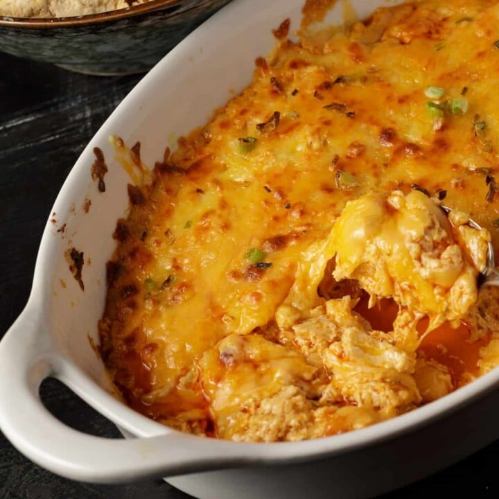 A baking dish of gooey buffalo dip