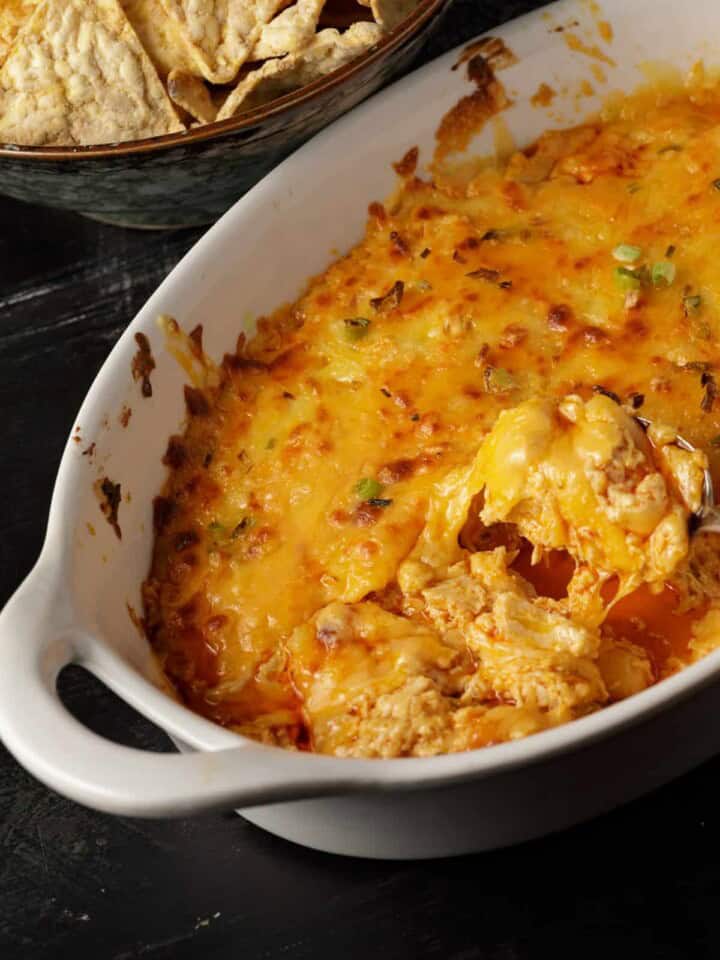 A baking dish of gooey buffalo dip