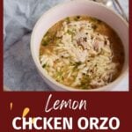 A bowl of chicken orzo soup with lemon.