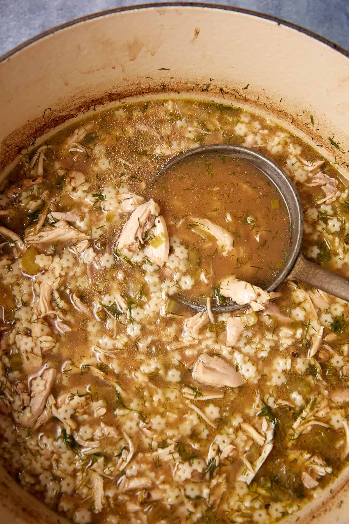 A Dutch oven with chicken and stars soup.