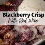 A blackberry crisp topped with vanilla ice cream.