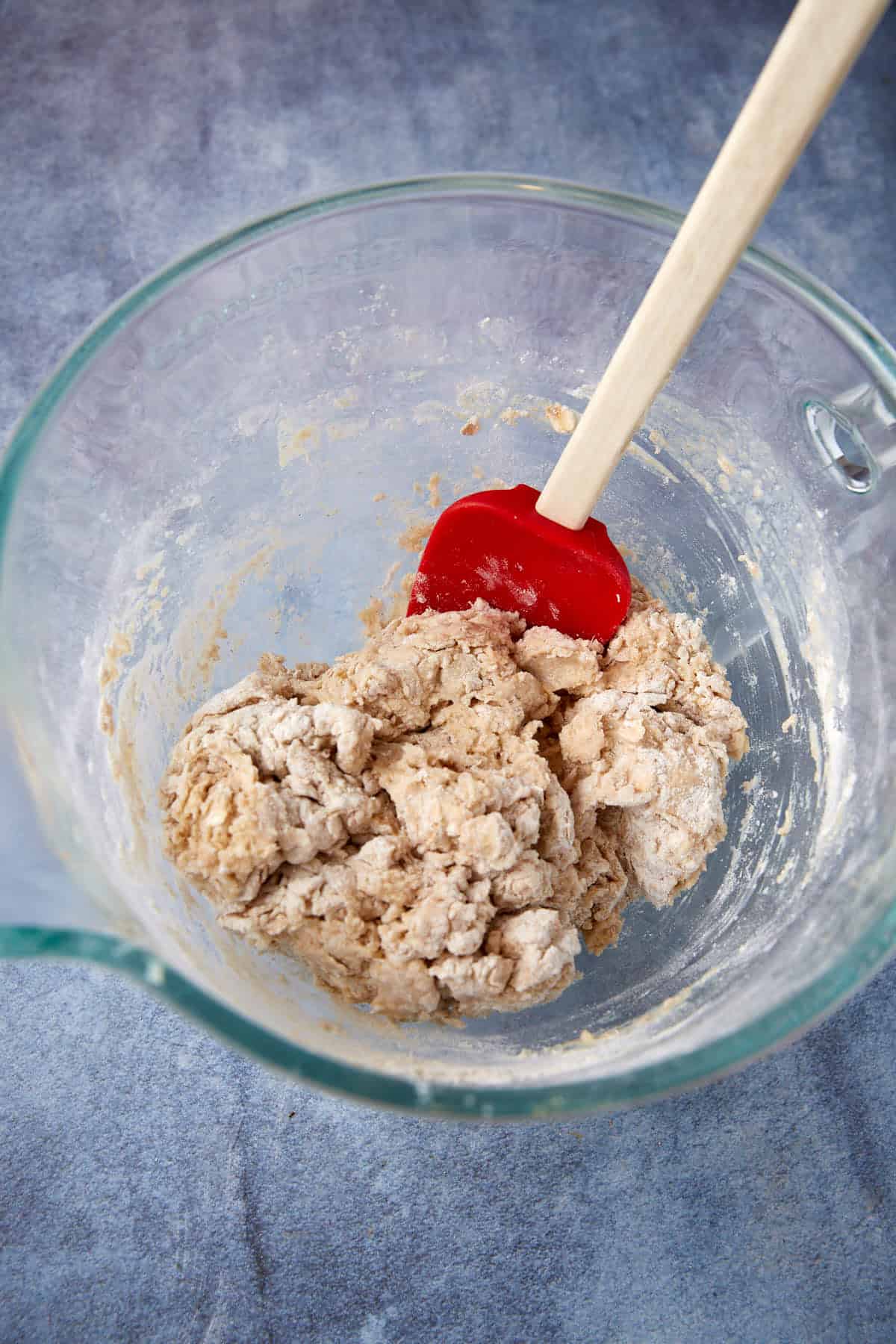 Flour added to wet ingredients.