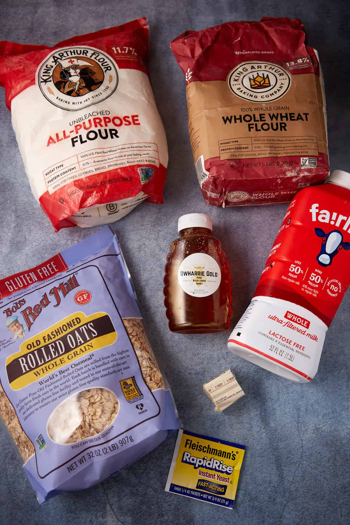 Ingredients for honey oatmeal bread.