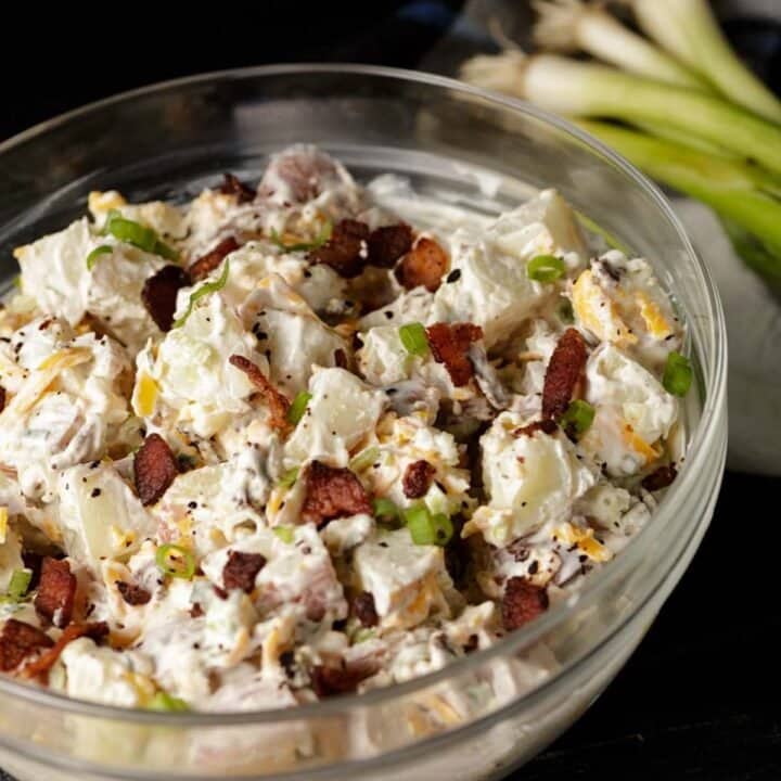 A clear bowl of ranch potato salad.