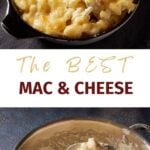A skillet of mac and cheese.
