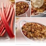 A collage shows fresh rhubarb stalks, a baked strawberry and rhubarb crumble in a dish, a serving topped with vanilla ice cream, and lemon halves, with the text “Strawberry Rhubarb Crisp” at the bottom.