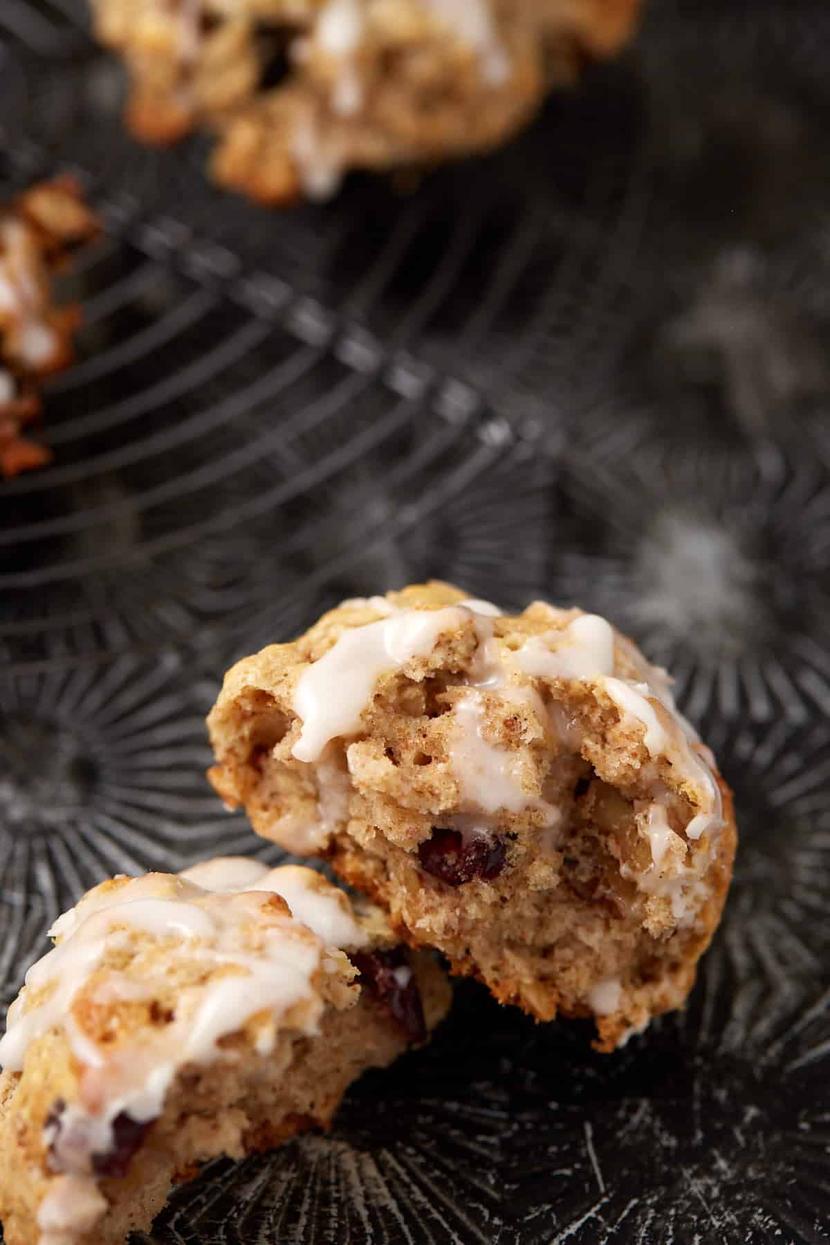 An oat scone broken in half.