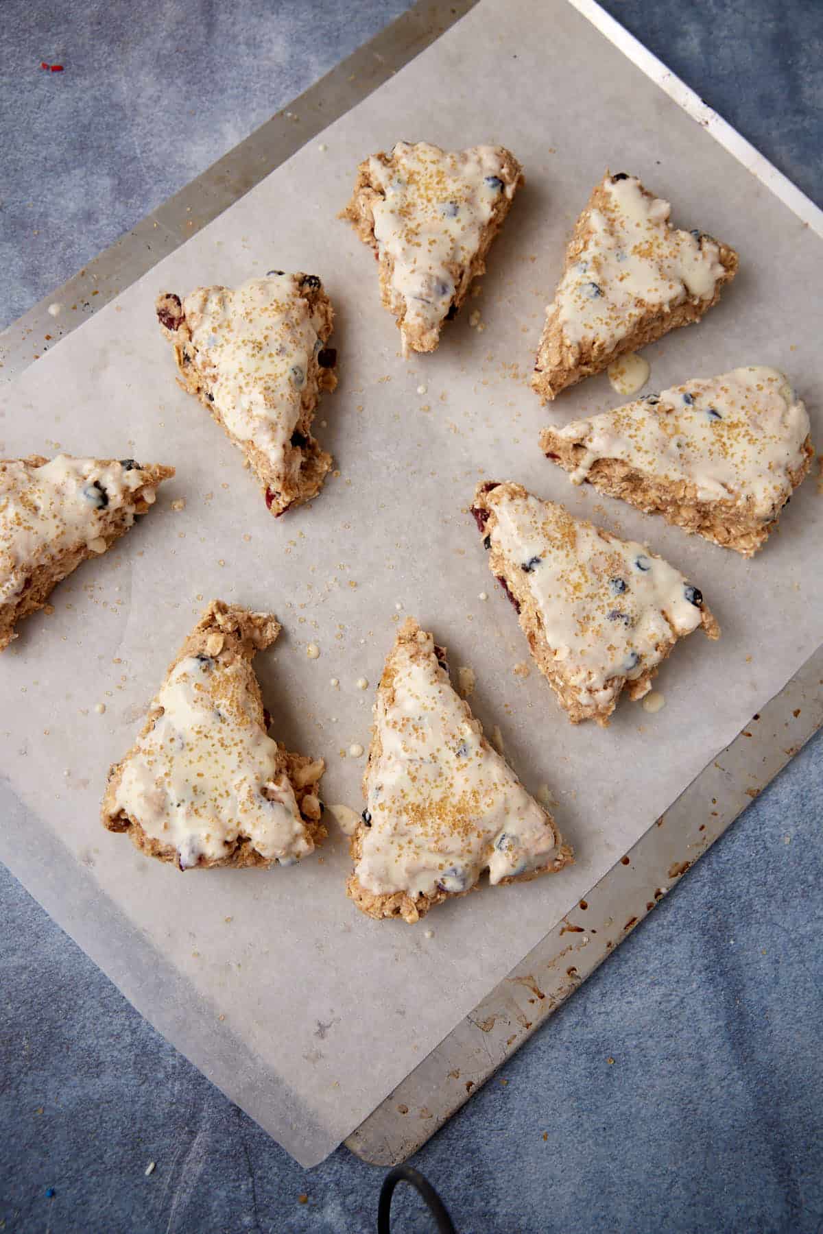 Scones cut into triangles brushed with an egg glaze.