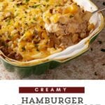 A close-up of a dish of creamy hamburger and potato casserole, garnished with chopped herbs. A spoon is scooping out a portion. Text on the image reads, "Creamy Hamburger Potato Casserole" and "No Canned Soup". The dish appears appetizing with melted cheese on top, perfect for any ground beef casserole lover.