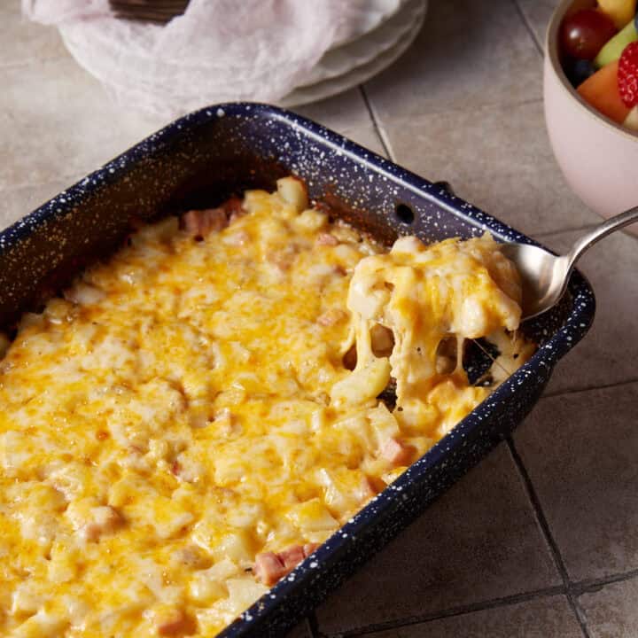 A spoon full of ham casserole.