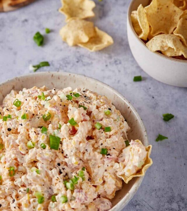 Close up of corn dip in a bowl.