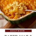 A casserole dish of baked macaroni pie.