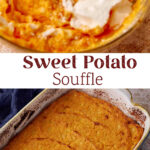 A sweet potato souffle in a casserole dish.