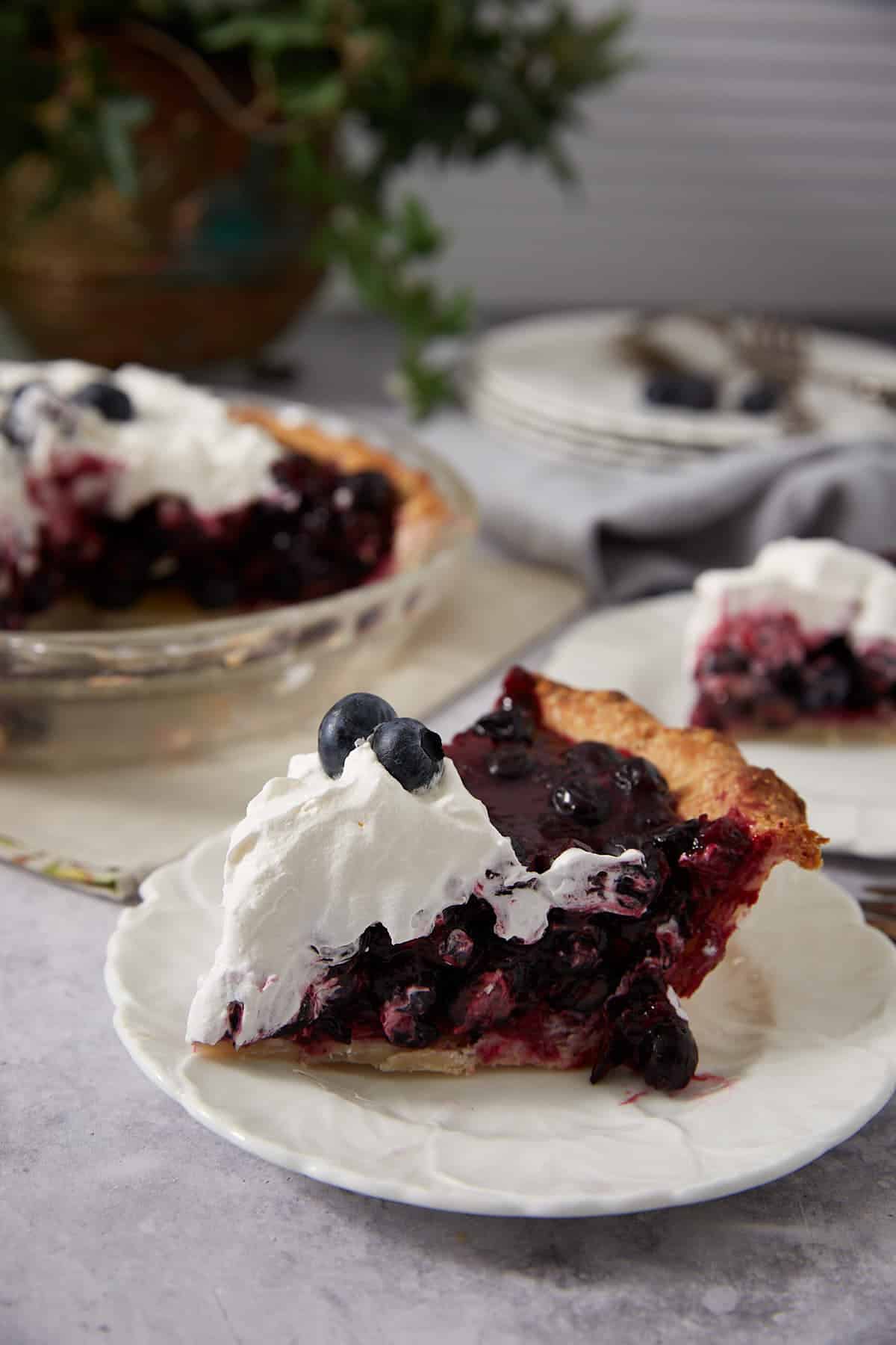 A slice of homemade blueberry pie topped with whipped cream and a blueberry sits on a white plate in the foreground, with the rest of the pie and more plates in the background.