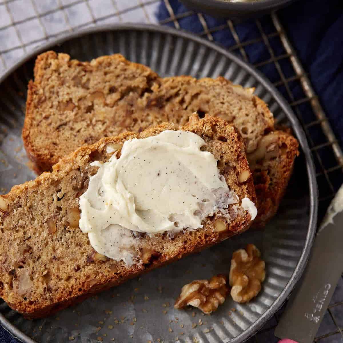 Two slices of brown butter banana bread.