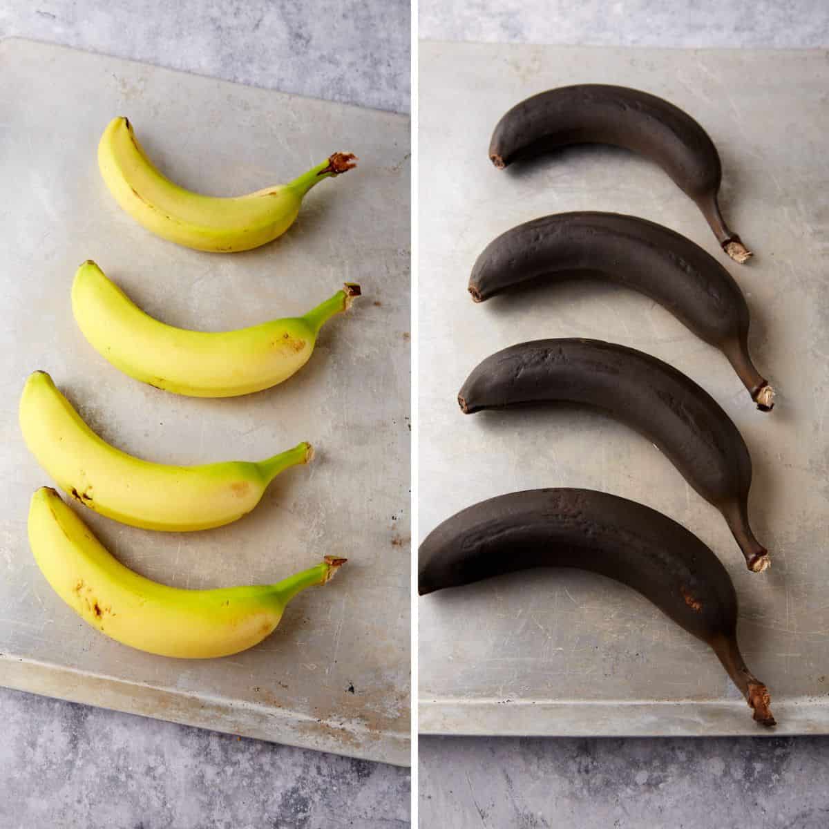 A before and after shot of bananas ripened in the oven.