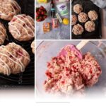 A collage featuring strawberry cookies, fresh strawberries, baking supplies, mixing dough with a spatula, and cookies drizzled with white icing. Text reads "Glazed Strawberry Cookies Recipe." Perfect for any strawberry cookie lover!.