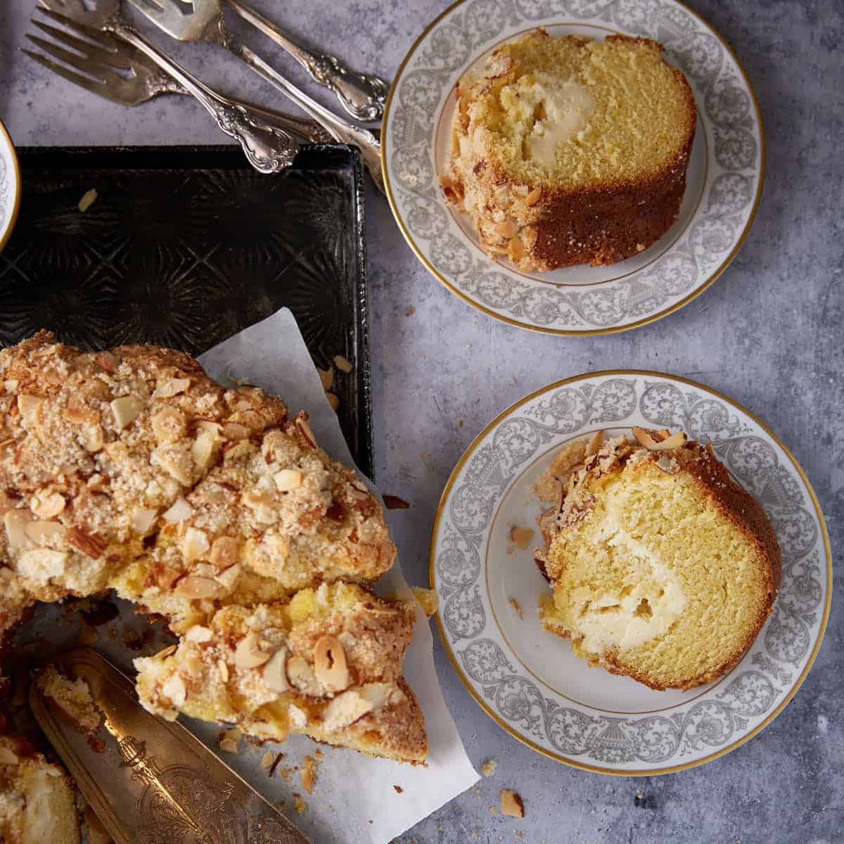 A coffee cake with cream cheese swirls.