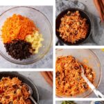 A step-by-step collage shows classic carrot salad being made with shredded carrots, pineapple, raisins, and mayonnaise. Images include the ingredients, mixing steps, and the finished carrot salad with carrots and mayo also displayed.