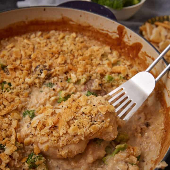 A serving of chicken broccoli rice casserole on a spatula.