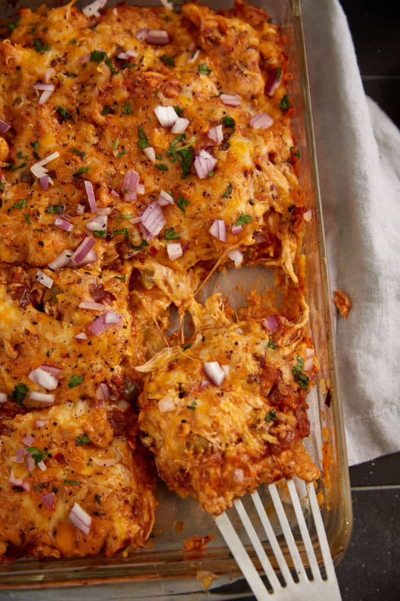 A baking dish of chicken tortilla casserole.