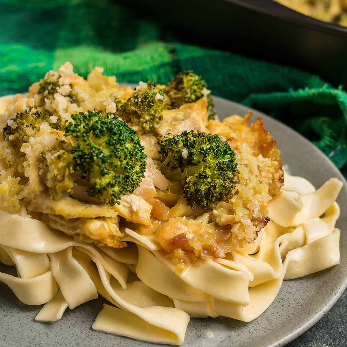 A close-up of creamy Chicken Divan and broccoli casserole with a golden breadcrumb topping, served over wide egg noodles on a gray plate.