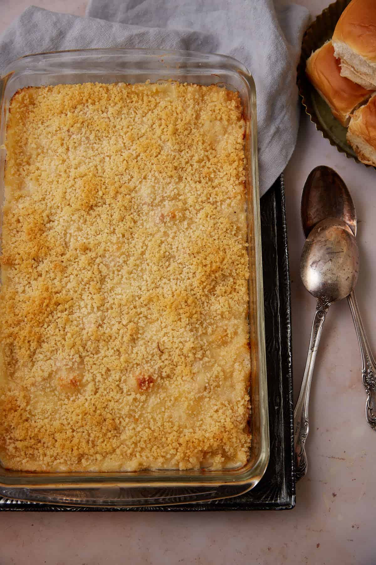 Chicken cordon bleu casserole in a baking dish.