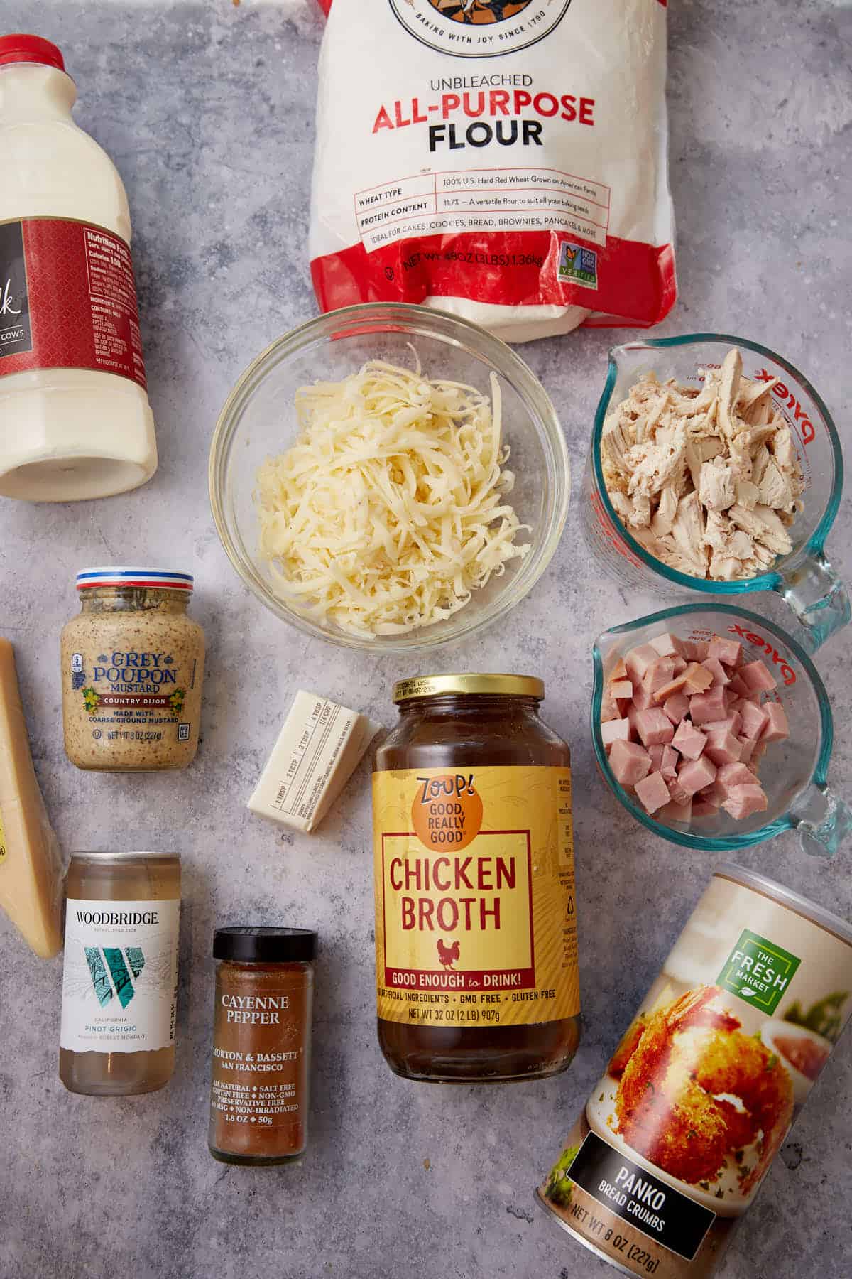 The ingredients for chicken and ham casserole.
