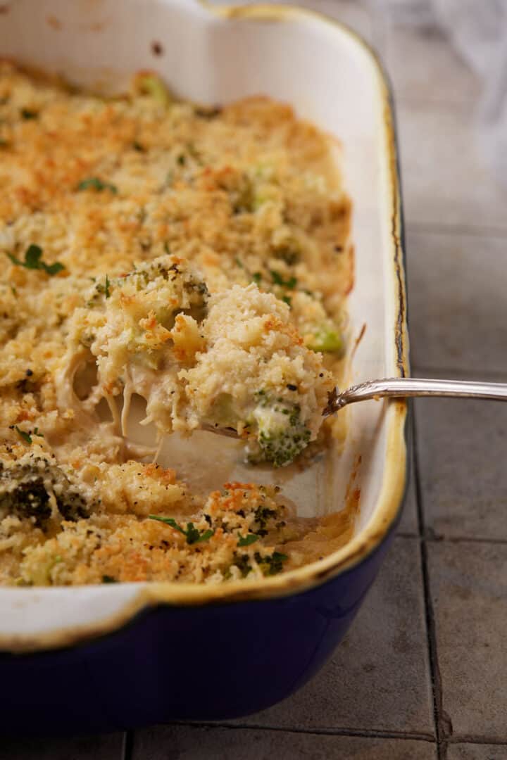 Chicken broccoli divan in a casserole dish.