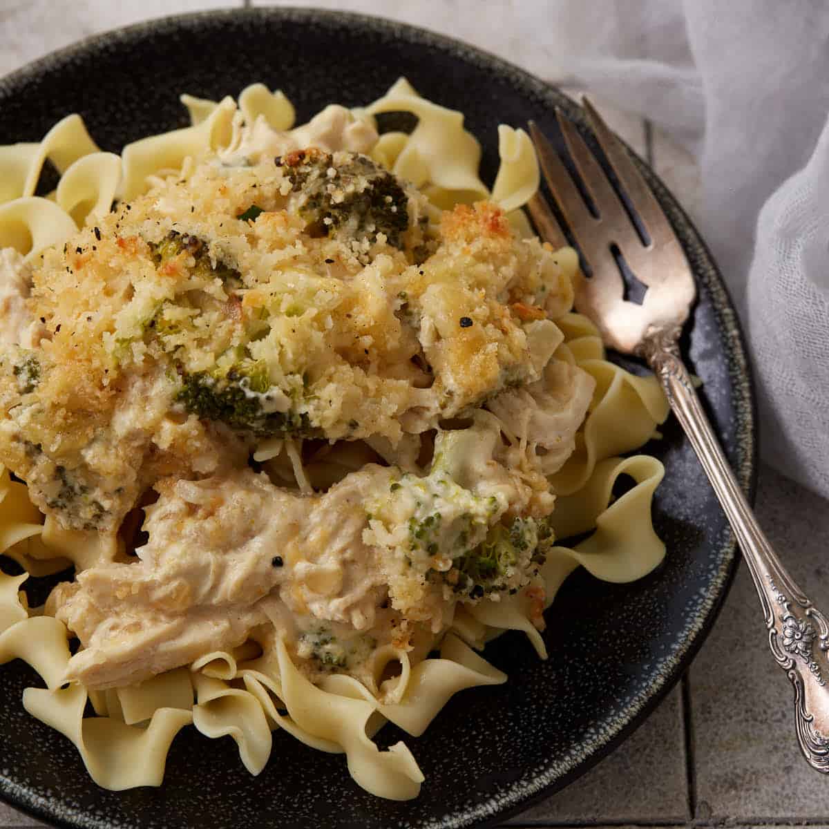 Chicken Divan over egg noodles.