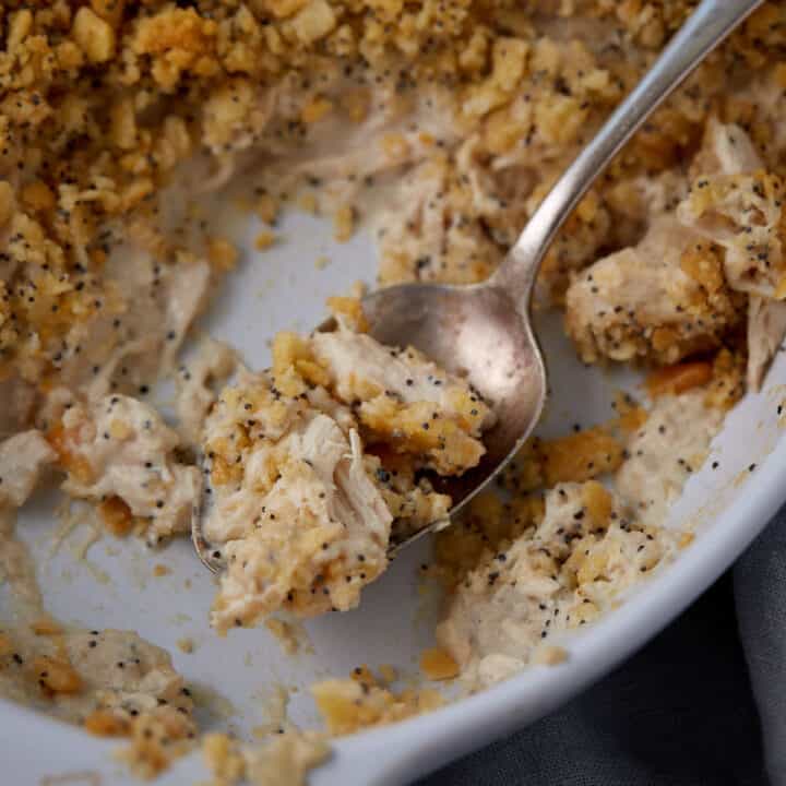 A spoon full of poppy seed chicken casserole