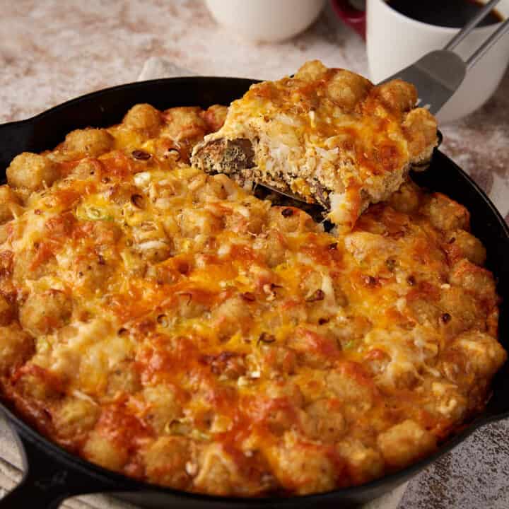 A serving of tater tot casserole.