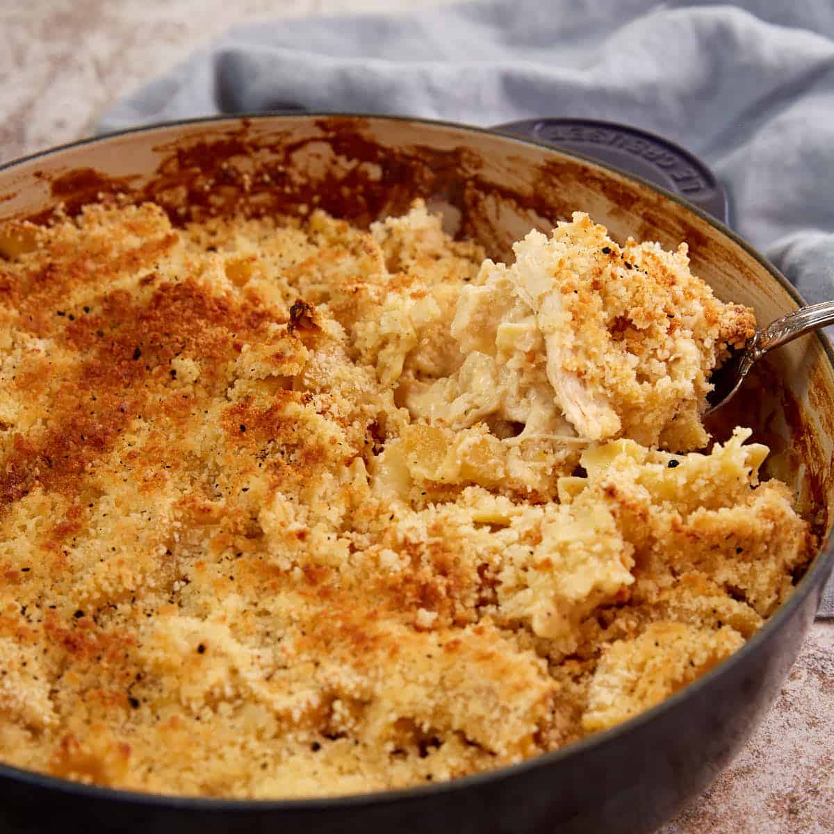 A spoonful of chicken noodle casserole.