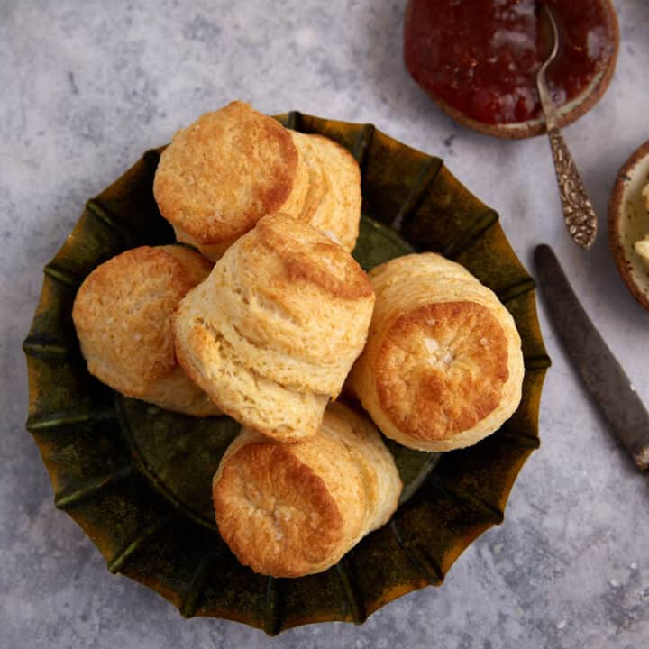 A platter of cream cheese buttermilk biscuits.