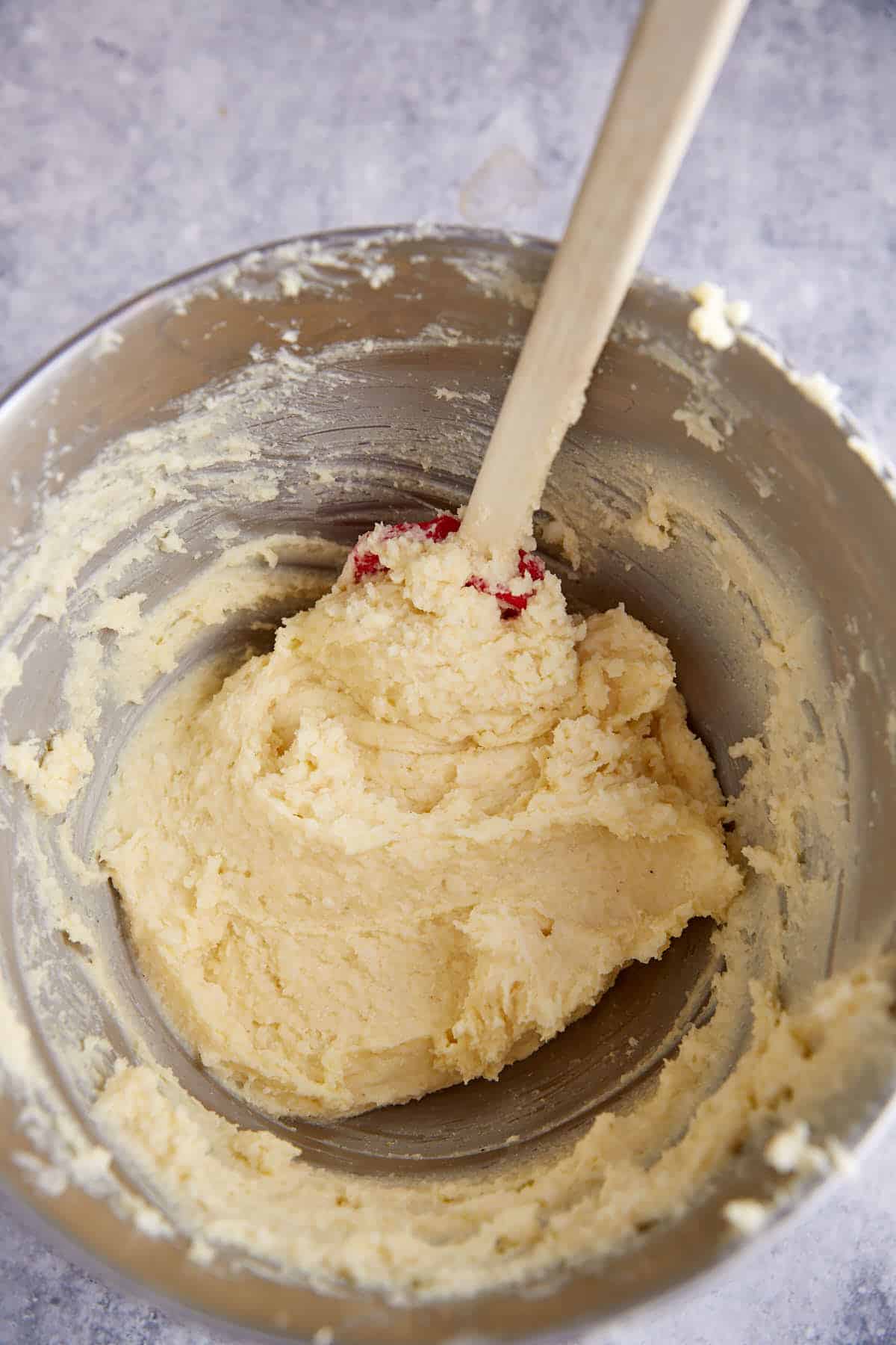 Spoon bread batter after it's been beaten.