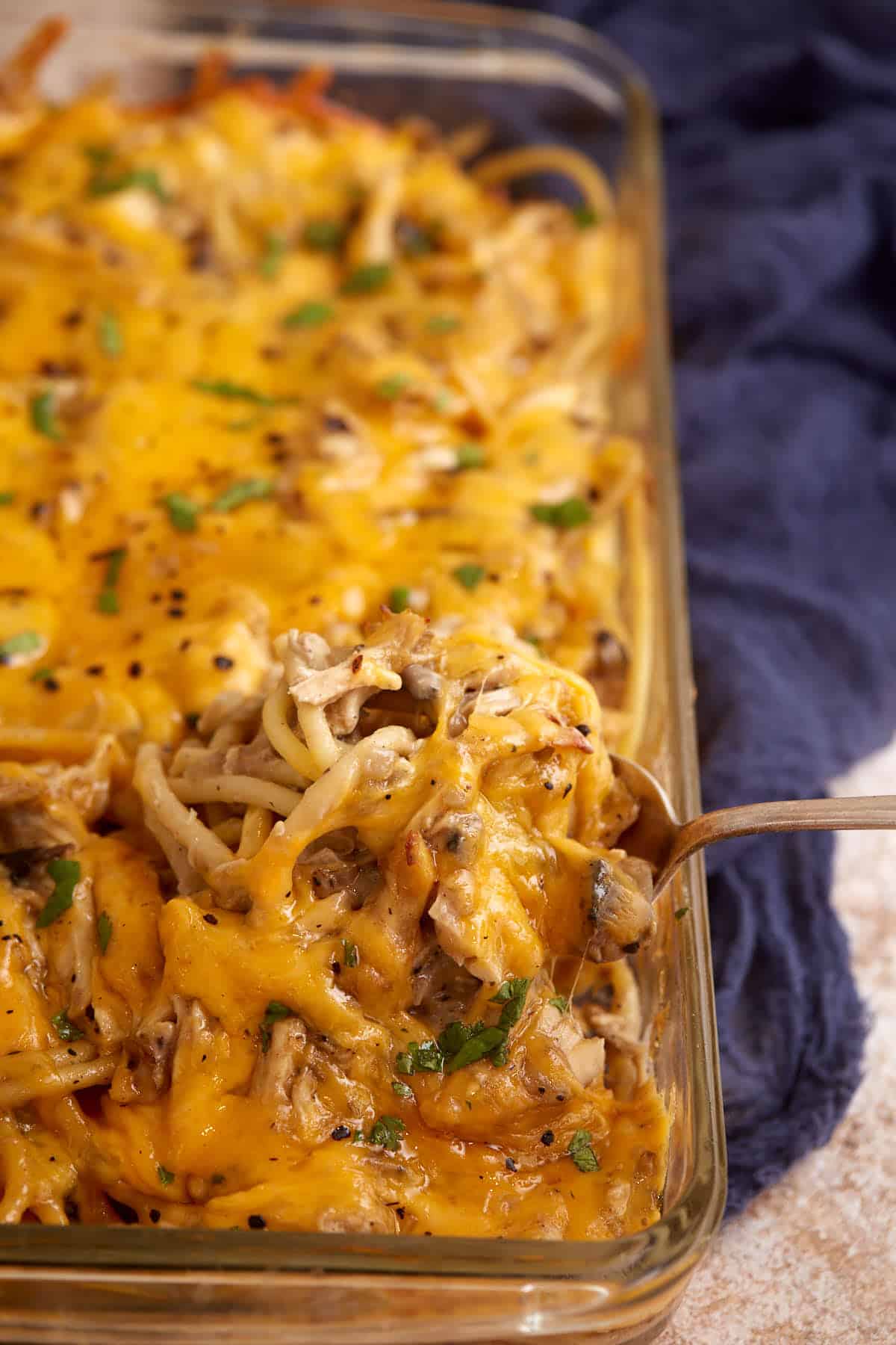 A casserole dish of chicken tetrazzini with a serving spoon.